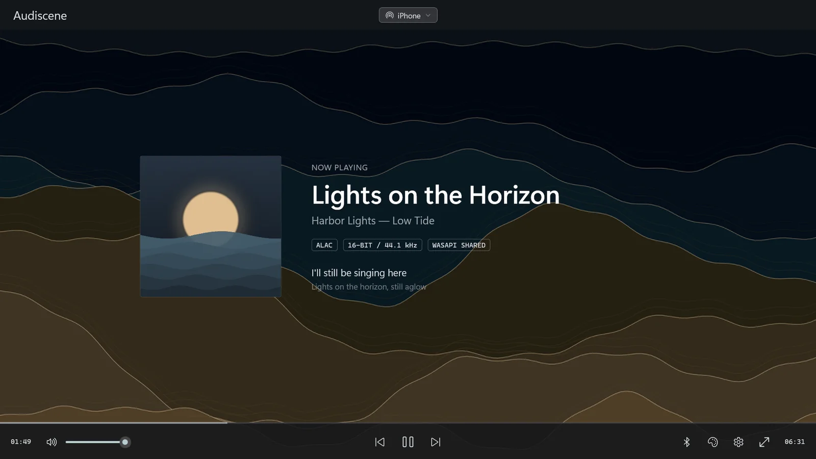 Audiscene's main screen playing from an iPhone over AirPlay, with album art, title, audio format and synced lyrics.