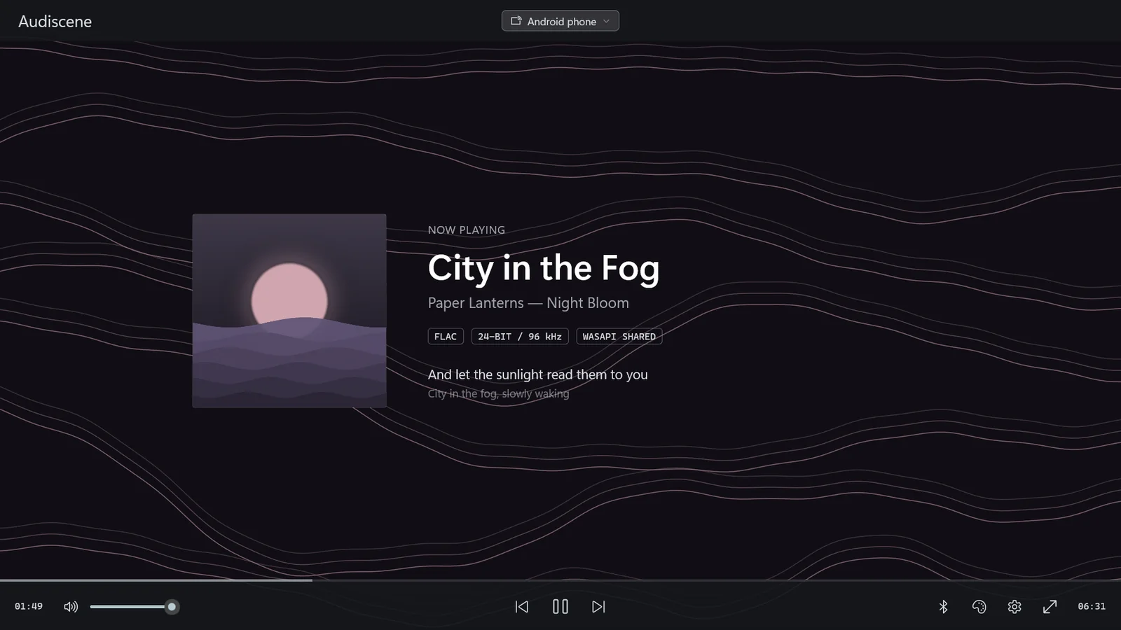 Playing a 24-bit / 96 kHz FLAC file, with format and output mode shown, over a topographic lines backdrop.