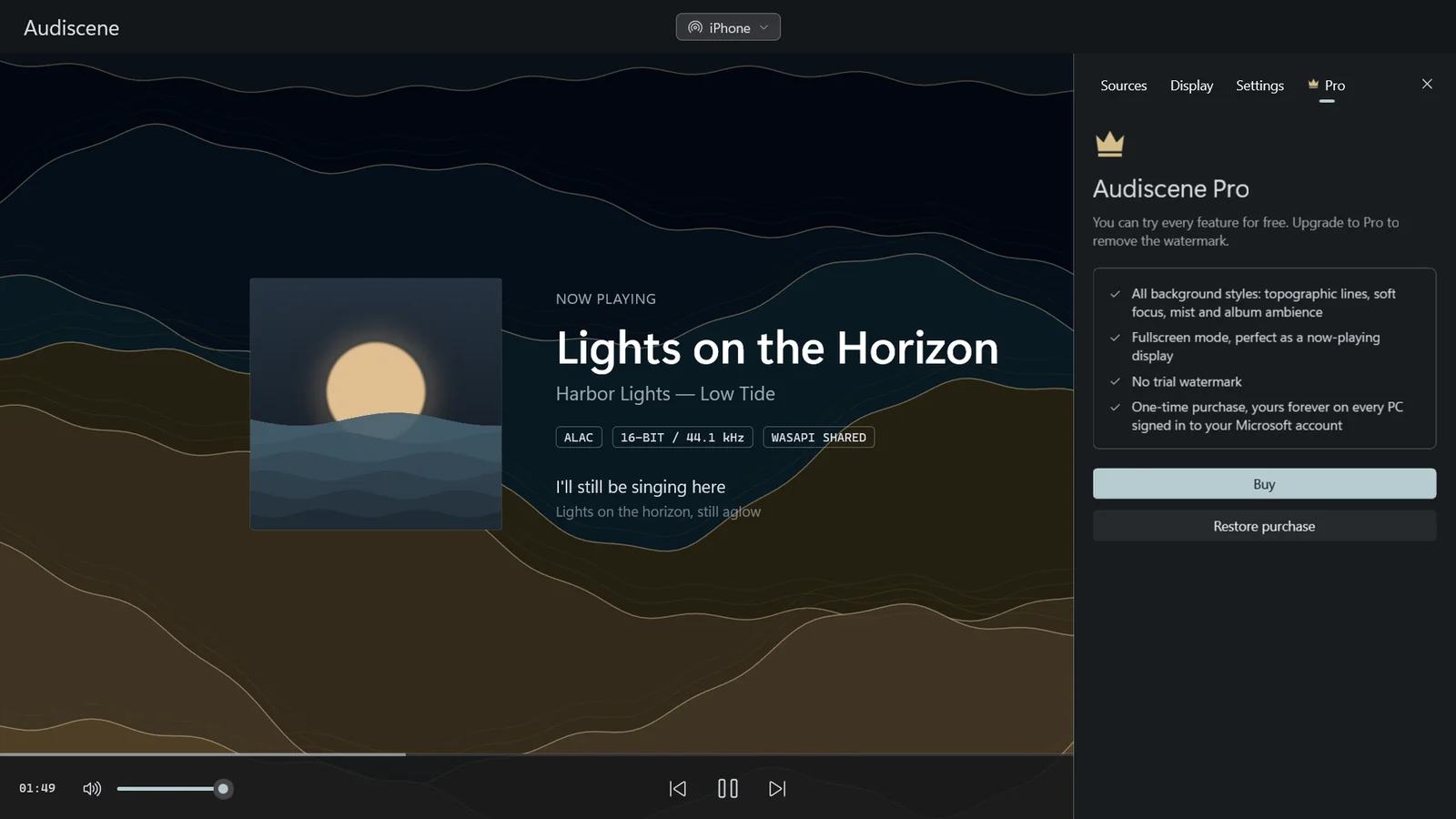 The Audiscene Pro page: buy once to unlock every background style and fullscreen.